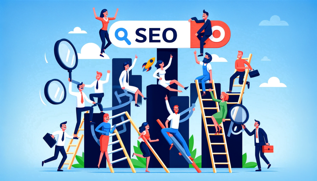 an image illustrating the importance of SEO. Show a diverse group of website owners, each with a unique business, joyfully climbing a ladder of