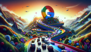 an image showing a winding road with a massive traffic jam, symbolizing the lack of Google traffic. Use vibrant colors, emphasizing frustration